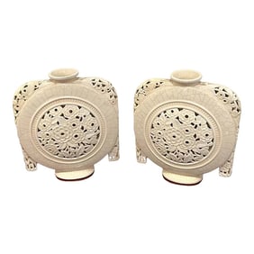 1920s French Art Deco Pierced Moon Flask Vases by, Henri Chaumeil - A Pair