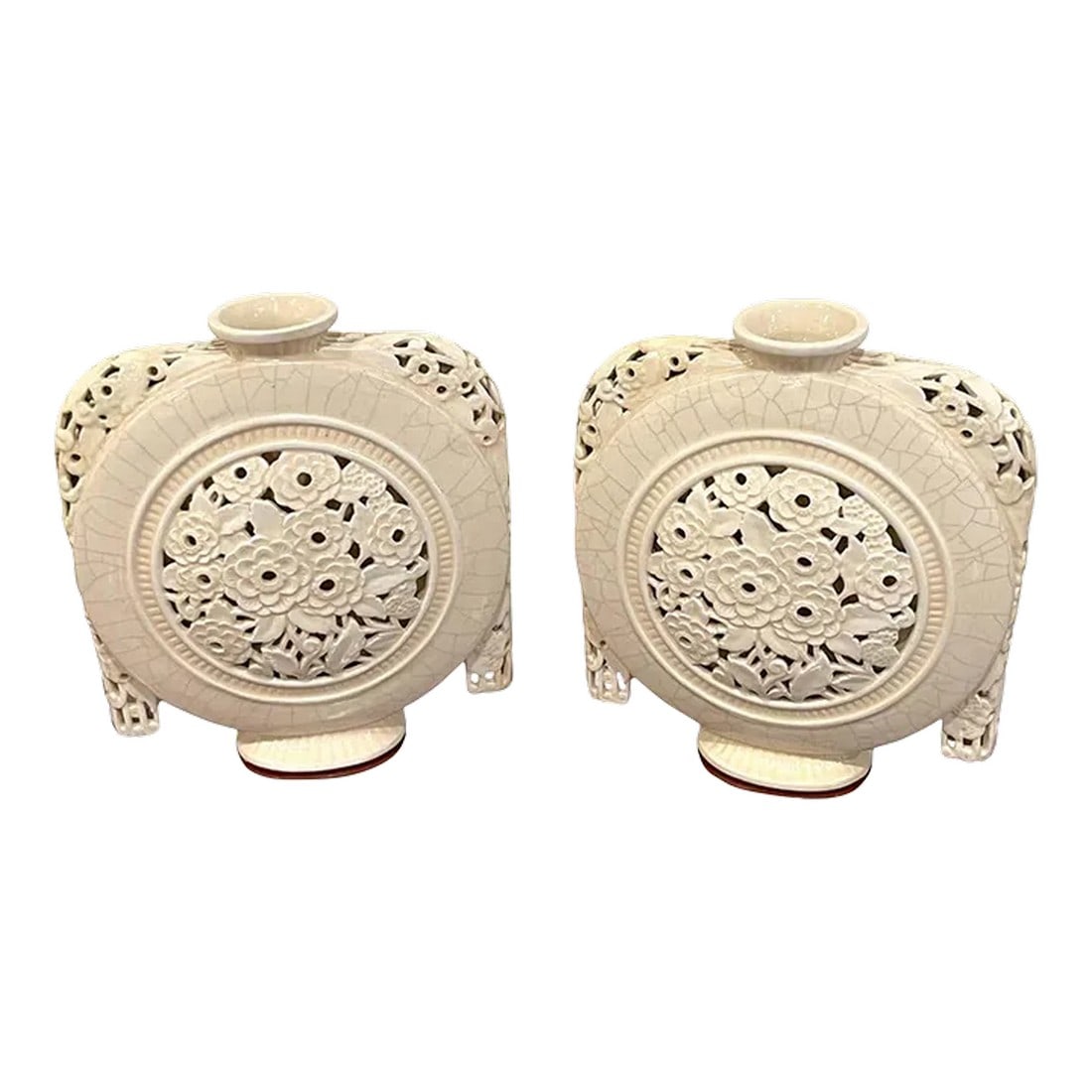 1920s French Art Deco Pierced Moon Flask Vases by, Henri Chaumeil - A Pair: Pair of French Art Deco pierced moon flask vases by, Henri Chaumeil France, Circa 1920-1930s A iconic period example of the Art Deco style, made by renowned French potter Henri Chaumeil. Each vase of