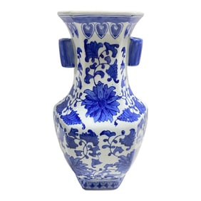 Vintage Large Blue & White Ceramic Porcelain Chinoiserie Vase