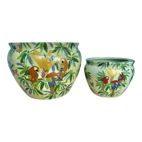 Vintage Asian Fish Bowl/ Planter With Red Parrot Macaw - Set of 2