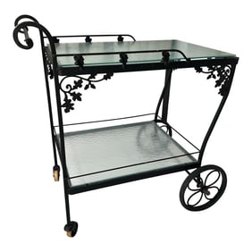 Vintage Black Wrought Iron Bar Cart, Woodard Attributed