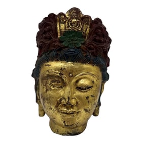 Antique Tibetan Cast Iron Buddha Head With Polychrome Decoration