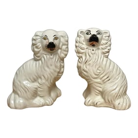 Mid 19th Century Diminutive Antique Staffordshire Black & White Seated Spaniels, C. 1860s - A Pair