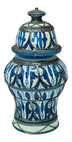 Moroccan Ceramic Vase from Fez Blue and White with Silver Filigree
