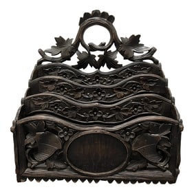 19th Century Antique German or Swiss Black Forest Hand Carved 3 Section Foliate Canterbury With Hand