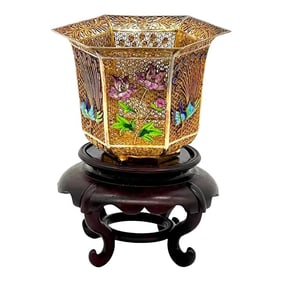 Early 20th Century Chinese Vermeil Sterling, Enameled Peacocks & Flowers Motif Vase & Stand
