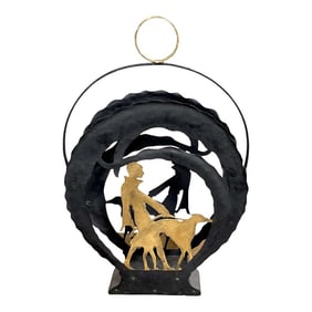 1920s American Art Deco Gilt Iron Flapper Walking Dog Vignette Magazine Rack