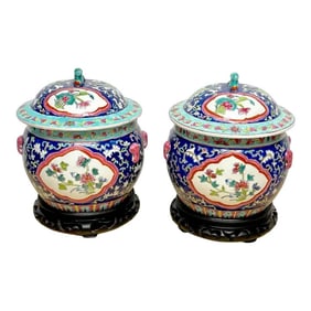 Mid 20th Century Chinese Export Famille-Rose Enameled Covered Urns & Stands - a Pair