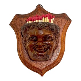 Late 19th Century Black Forrest Carved Black Walnut Toothless Man Motif Hanging Match Holder