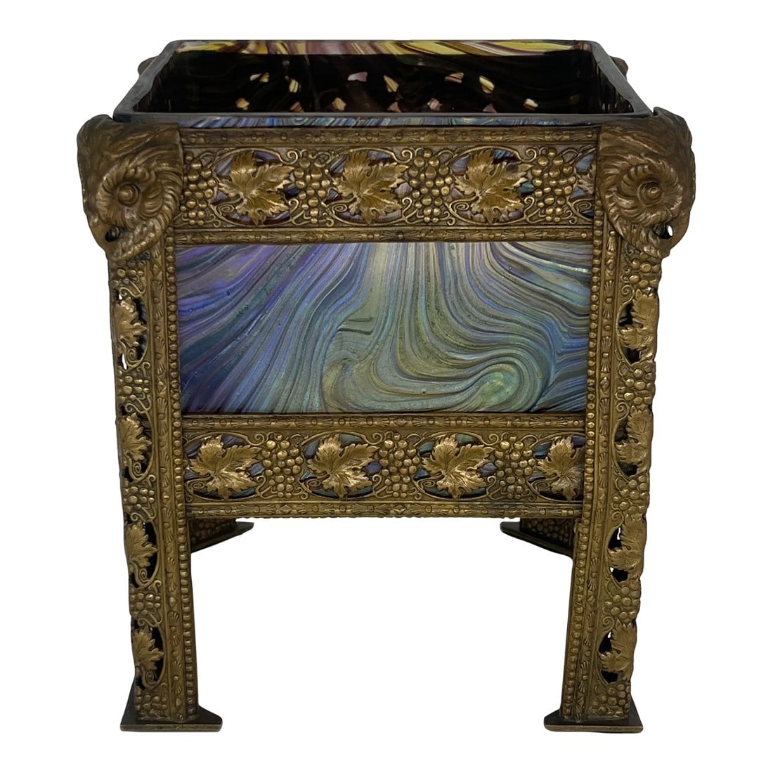 Art Nouveau Austrian Art Glass and Bronze Vase: A stunning Art Nouveau era art glass vase produced in Austria or Bohemia. Possibly by Loetz. The vase or cache pot is sculpted bronze decorated with foliage legs and great owl form heads! Condition: A