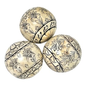 1930s Inlay Camel Bone Mosaic Spheres Decorative Balls - Set of 3