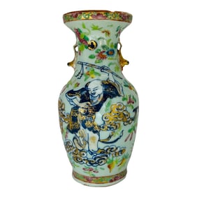 Unusual 19th Century Chinese Famille Rose Medallion Celadon Base Vase