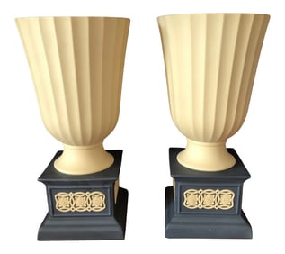 Wedgwood Library Collection Cane Black JasperWare Minerva Pedestal Vases - a Pair