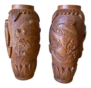 1970s Asian Wooden Hand Carved Vases - a Pair