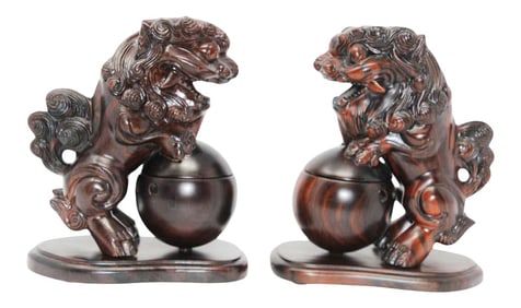 Chinese Wood Lion Foo Dogs Incense Holder - A Pair