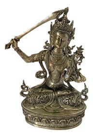 Mid 20th Century Silvered Metal Manjushri, Sino, Tibetan Buddhist Deity Statue