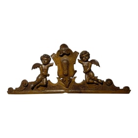 19th Century Carved Walnut Crown Piece or Crest With Monogram and Putti