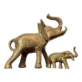 Mid Century Brass Elephants Trunks Up Good Luck Baby & Parent Set of 2