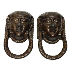 Pair of Neoclassical 19th Century Egyptian Sphinx Mask Exterior Front Door Knockers