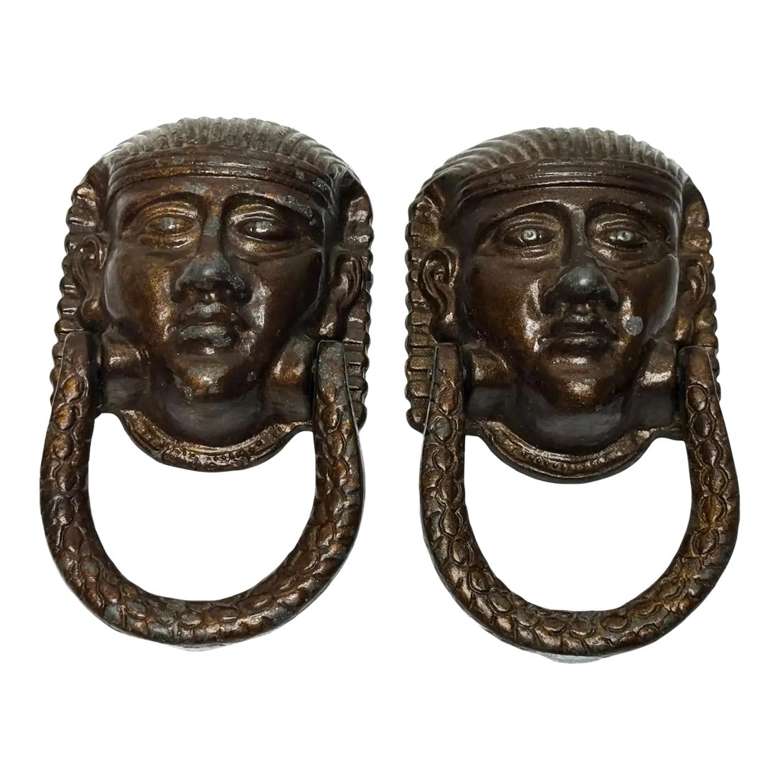 Pair of Neoclassical 19th Century Egyptian Sphinx Mask Exterior Front Door Knockers: Pair Charming British Antique Neoclassical 19th Century Egyptian Sphinx Head Mask Bronze Front Door Entrance Fixture Knockers. In the stylized model form of the Egyptian Sphinx. Featuring the Sphinx h