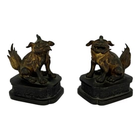 Pair, Ming Dynasty Gilt Bronze Diminutive Chinese Foo Dogs / Guardian Lions