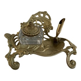 Victorian Style Brass and Glass Inkwell & Pen Holder