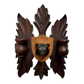 19th Century Black Forest Bear Head Carved Double Match Holder With Strike