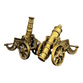 Antique English Tabletop Ornamental Brass Cannons on Carriages - a Pair