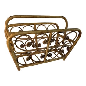 Vintage Rattan Bamboo Magazine Rack With Swivel Handle and Curls