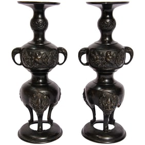 Black Bronze Japanese Candleholders Incense Burner - a Pair