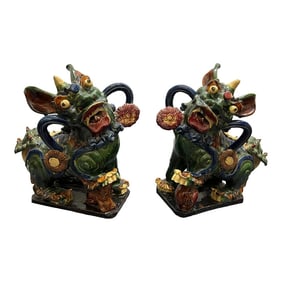 Antique Italian Majolica Chinese Foo Dog or Guardian Lion Sculptures- a Pair