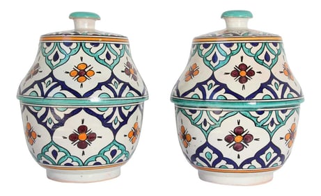 Moorish Ceramic Glazed Covered Urns Handcrafted in Fez Morocco - A Pair