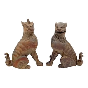 19th C. Tibetan Carved Wood & Polychromed Foo/ Guardian /Temple Dogs - a Pair