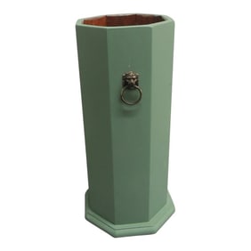 Vintage Wood Painted Umbrella Stand With Brass Lion Heads Handles
