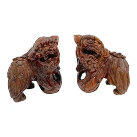 Early 20th Century Chinese Carved Hardwood Foo Dogs With Rolling Pearls & Puzzle Balls - a Pair