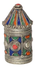 Antique Silver Enameled Kohl Container Box From Kabylie, Algeria