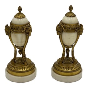 Pair, Louis Xvi Style French Gilt Bronze & White Marble Rams Head Cassolettes