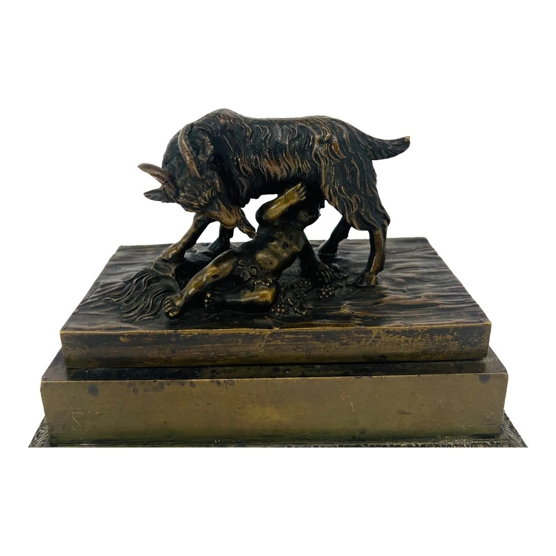 French Bronze "Looking for Milk" Inkwell Circa 1880 Style of Henri Picard: French Bronze "Looking for Milk" Inkwell Circa 1880 Style of Henri Picard. French, circa 1880. A finely cast inkwell or storage box constructed in two parts. The top having a young child or cherub gaz
