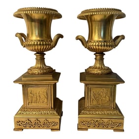 19th Century Neoclassical Gilt Bronze Grand Tour Mounted Urns - a Pair