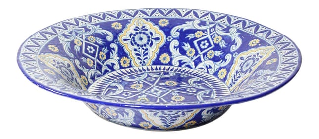 Oversized Blue and White Mexican Talavera Glazed Ceramic Bowl