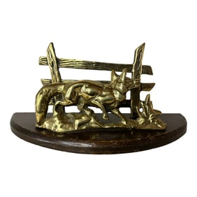 Vintage English Brass and Wood Fox Letter Rack