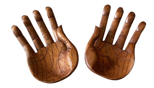 1980s Oversize Large Wooden Hands Bowls - a Pair