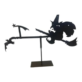 Early 20th Century American Folk Art Iron Flying Witch & Bat Motif Weathervane, Museum Mounted