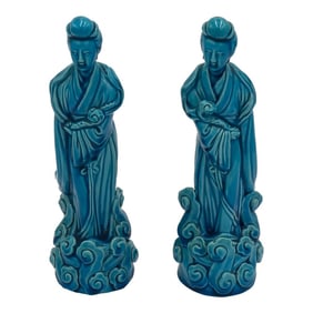 Early 20th Century Chinese Blue Glazed Figural Deity Statues 9.5" - a Pair