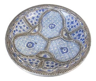 Moroccan Moorish Ceramic Bowl Adorned With Silver Filigree From Fez