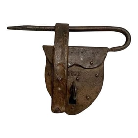 19th Century American Folk Art Heart Shaped Iron Pad Lock & Key, Dated 1875