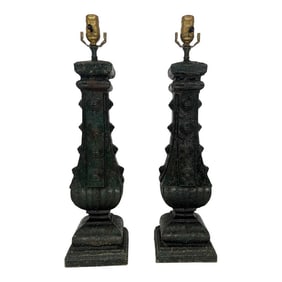Pair, Antique French Cast Iron Architectural Fragment Paint Decorated Lamps
