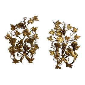 Mid 20th Century Italian Gilded Tole Grapevine Wall Candle Sconces - a Pair