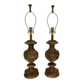 Pair, Fine Arts Lamp Company Gilt Wood Baroque Style Table Lamps