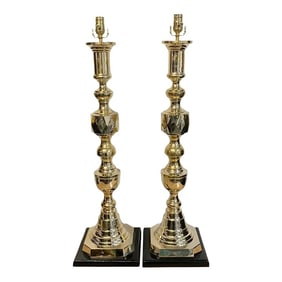 Mid 20th Century Monumental 'Ace of Diamonds' Brass Candlestick Lamps - a Pair
